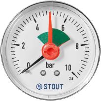 Манометр аксиальный STOUT с указателем предела, корпус Dn 50 мм 1/4 , 0…10 бар, кл.2.5, SIM-1007-501008